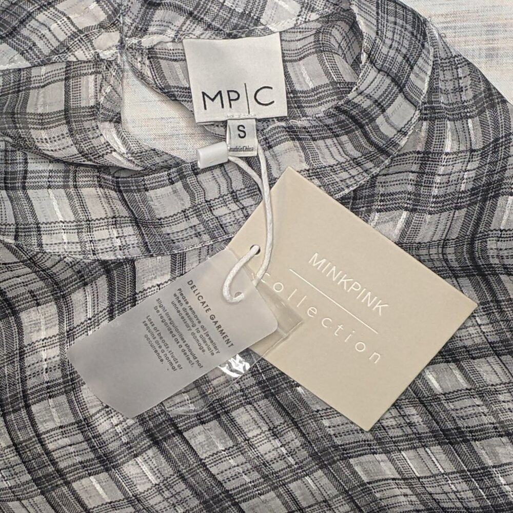 MINKPINK NWT Preppy Semi Sheer Check Plaid Blouse High Neck Ruffle Black White - Picture 10 of 11